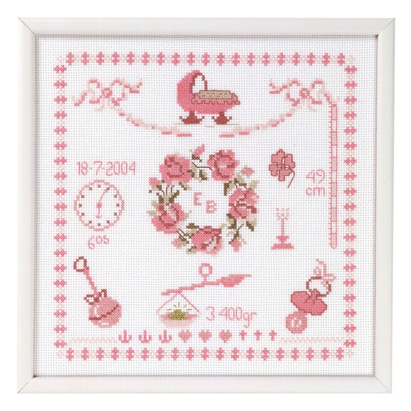 Fødselsbilde Rosenkrans korssting 25x25 cm rosa - broderi