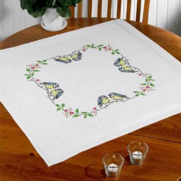 Hovedbilde Påtegnet duk Blåmeisepar korssting 80x80 cm - ...